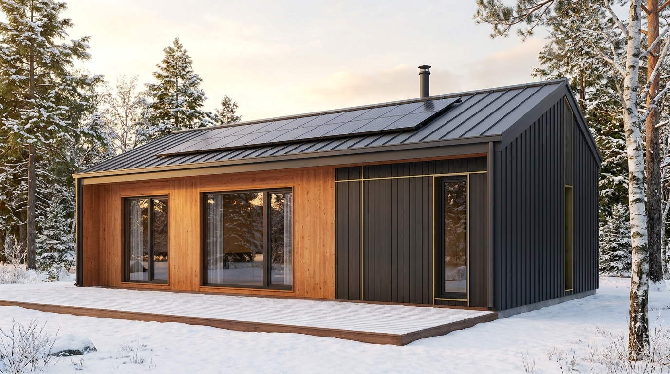 雨の小屋 外観 — AI render based on BIM specs