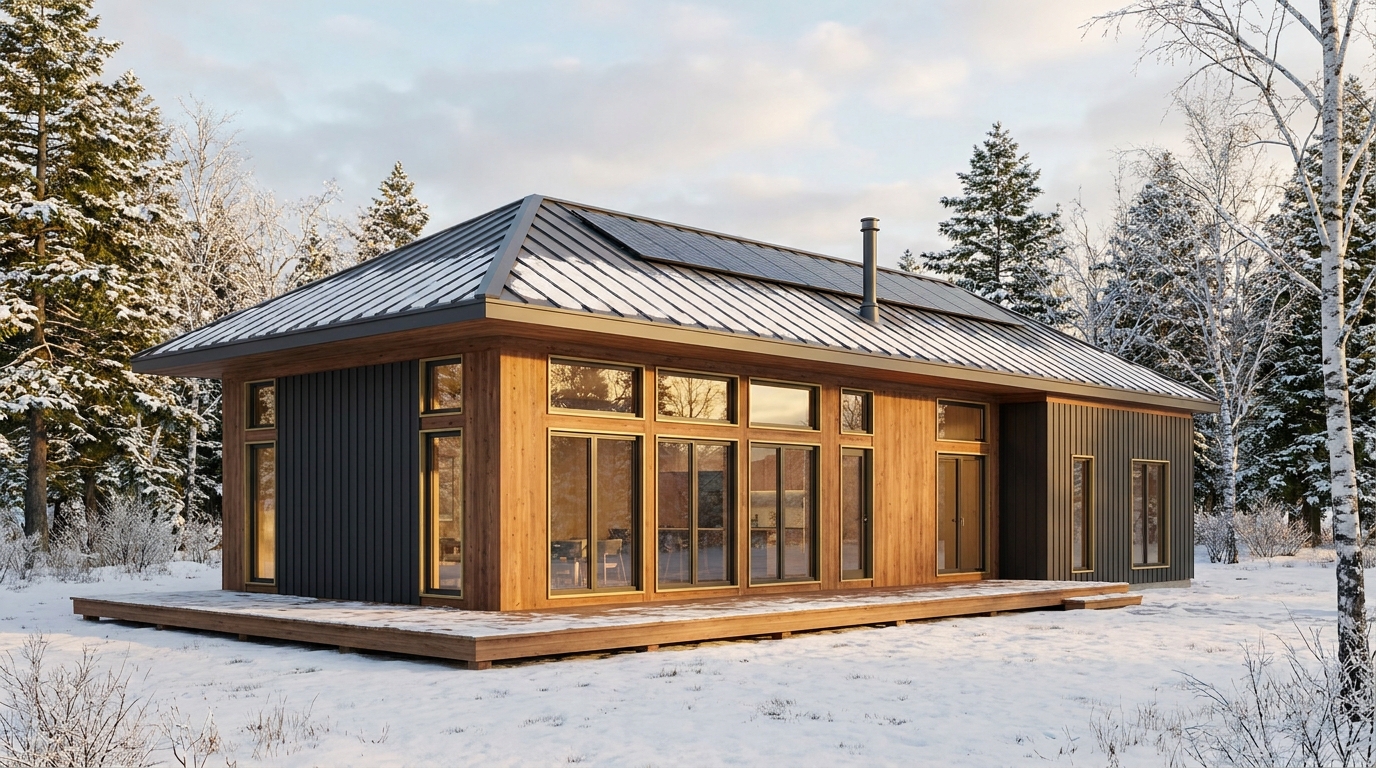 雪の庵 外観 — AI render based on BIM specs