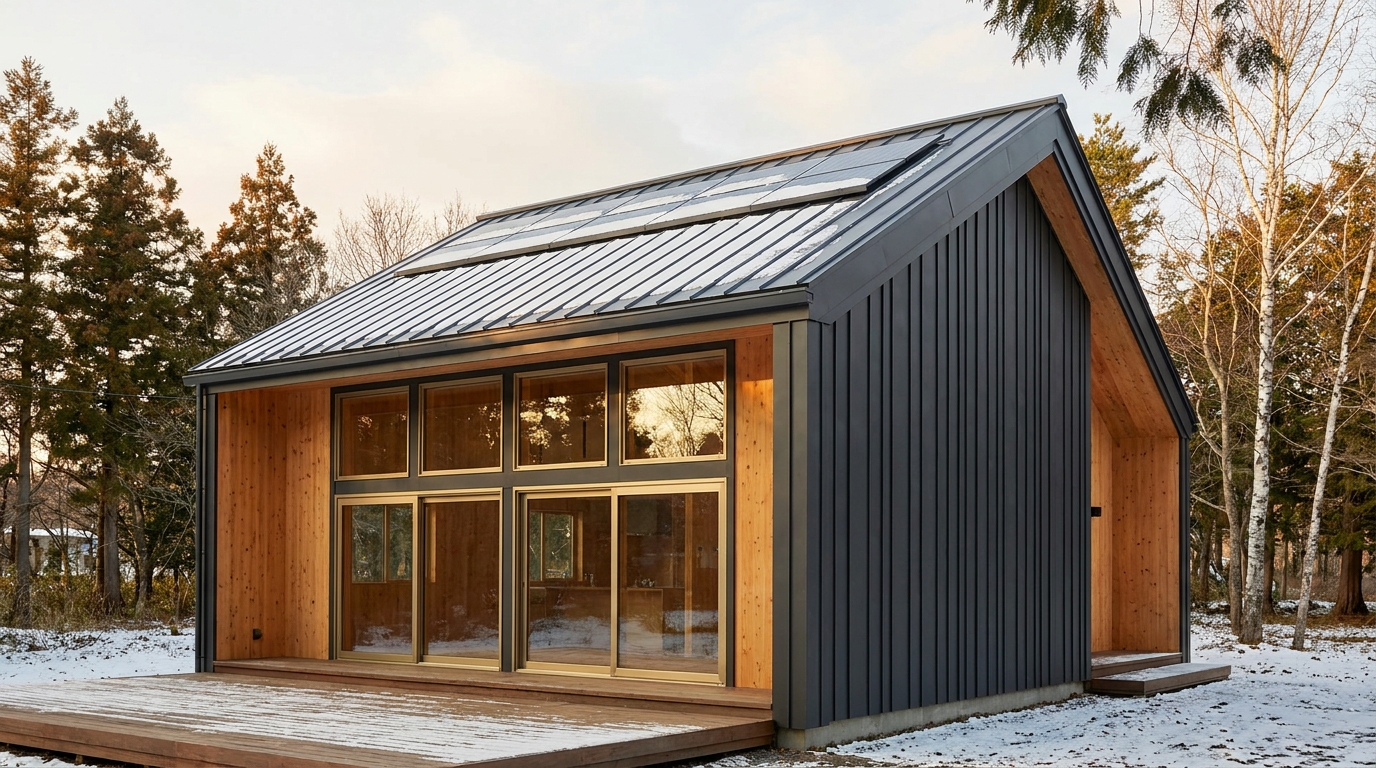 雪の小屋 外観 — AI render based on BIM specs