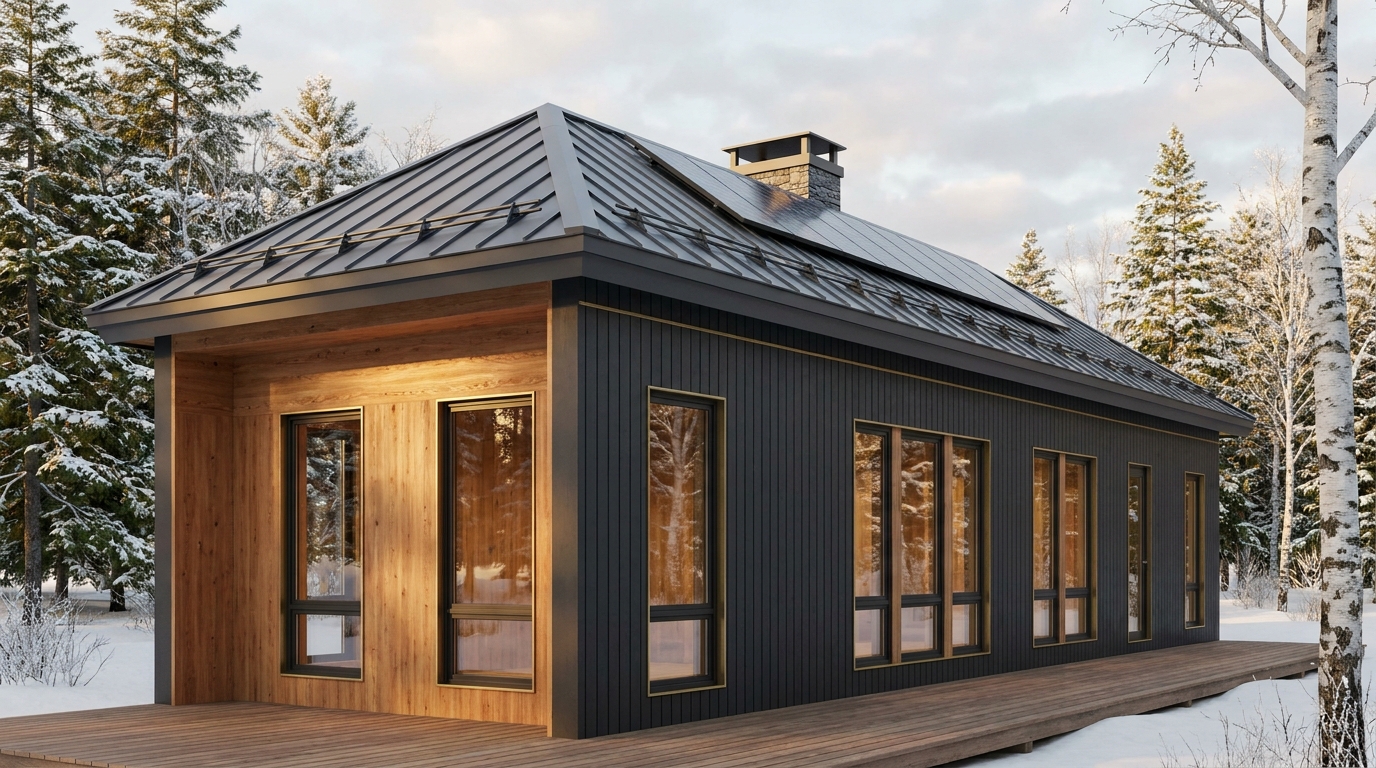 湖の庵 外観 — AI render based on BIM specs