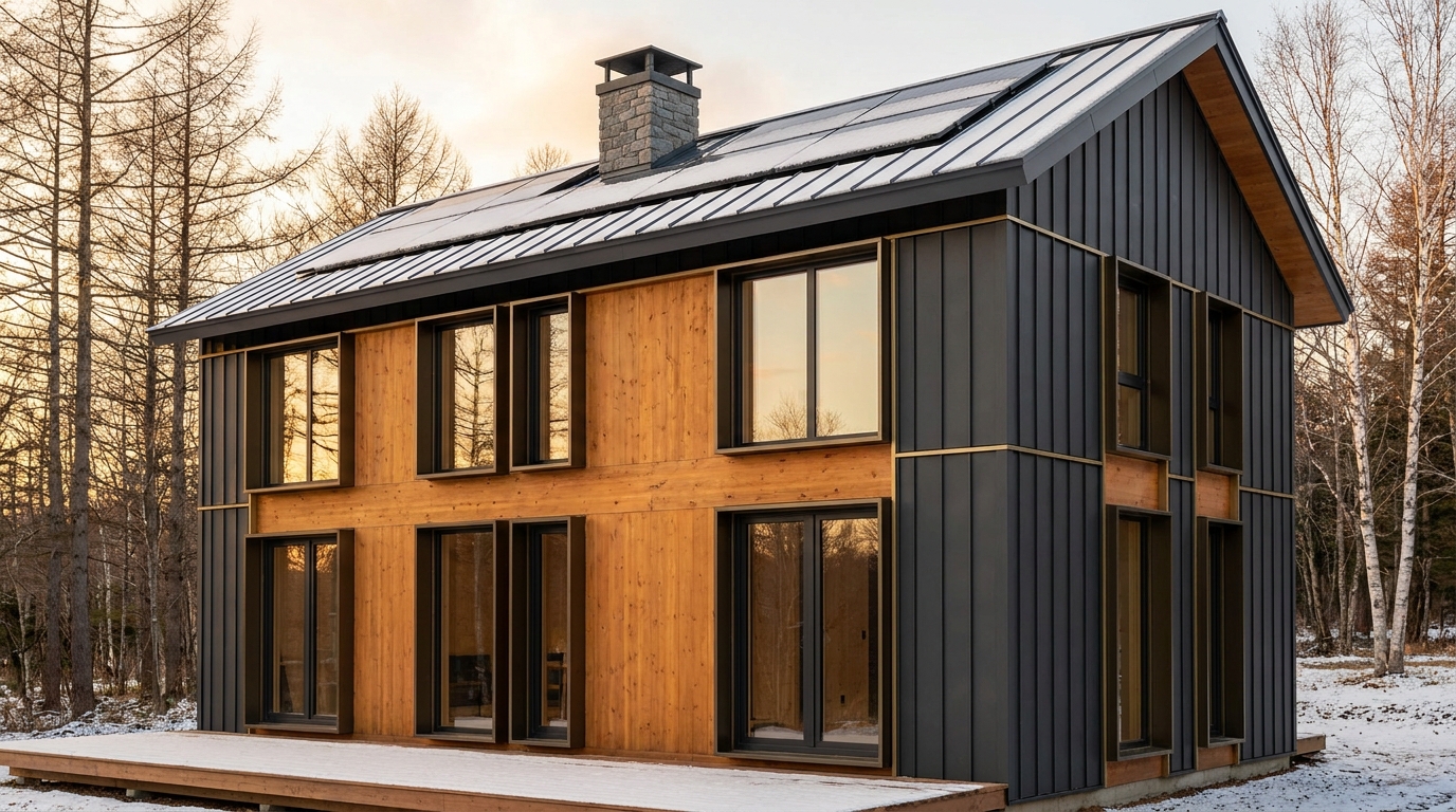 霜の小屋 外観 — AI render based on BIM specs