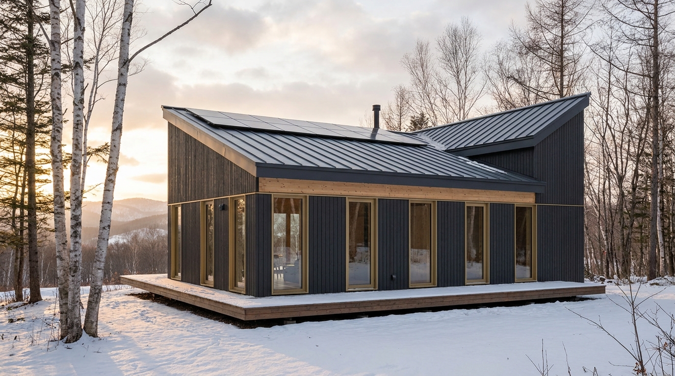 雪の庵 外観 — AI render based on BIM specs
