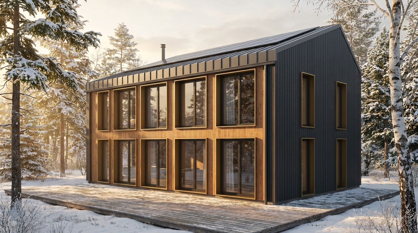 雪の小屋 外観 — AI render based on BIM specs