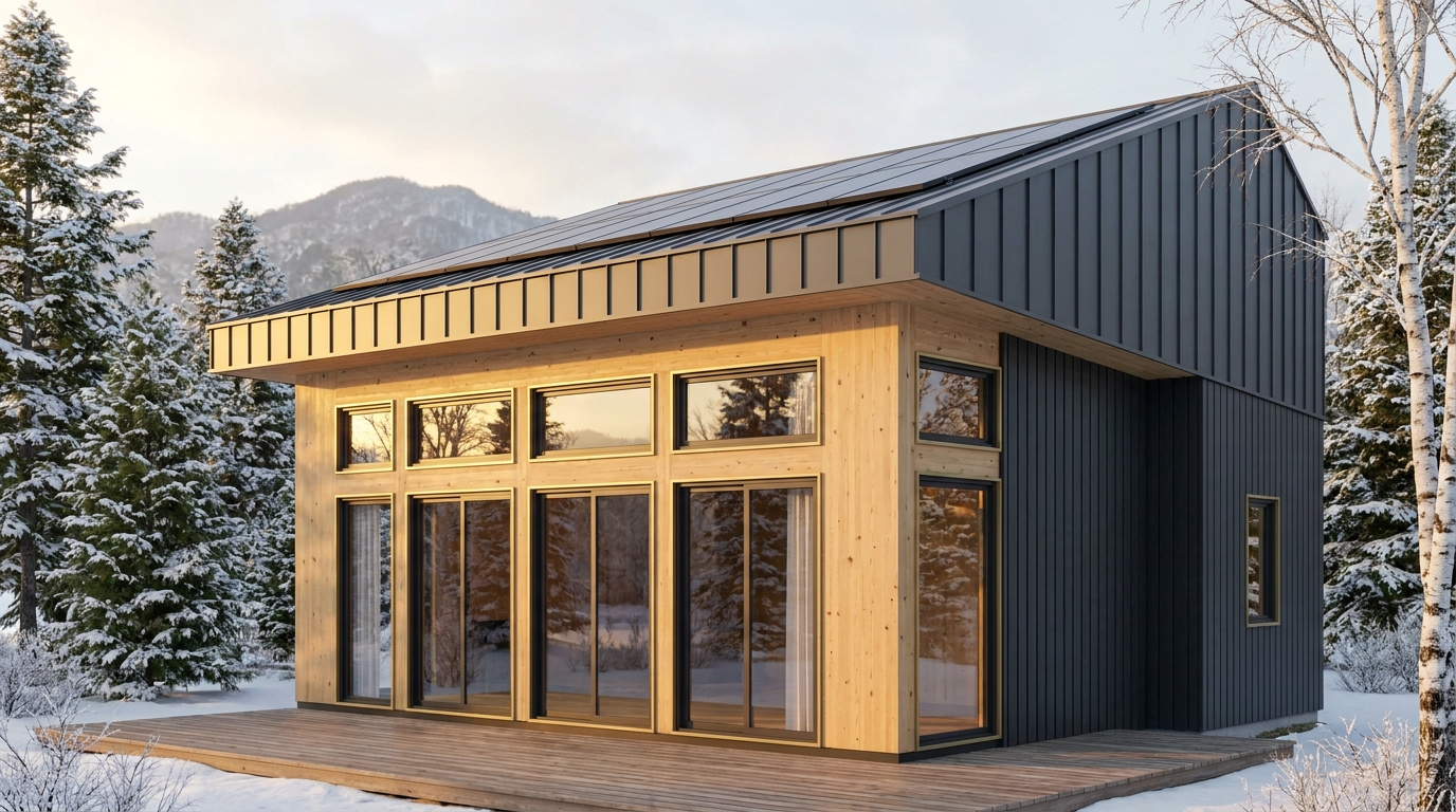 霜の庵 外観 — AI render based on BIM specs
