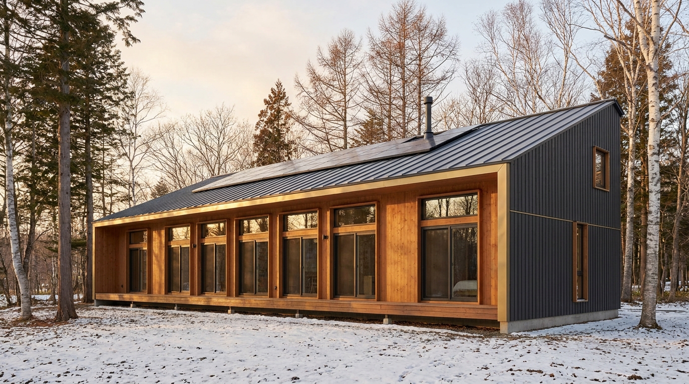 霧の小屋 外観 — AI render based on BIM specs