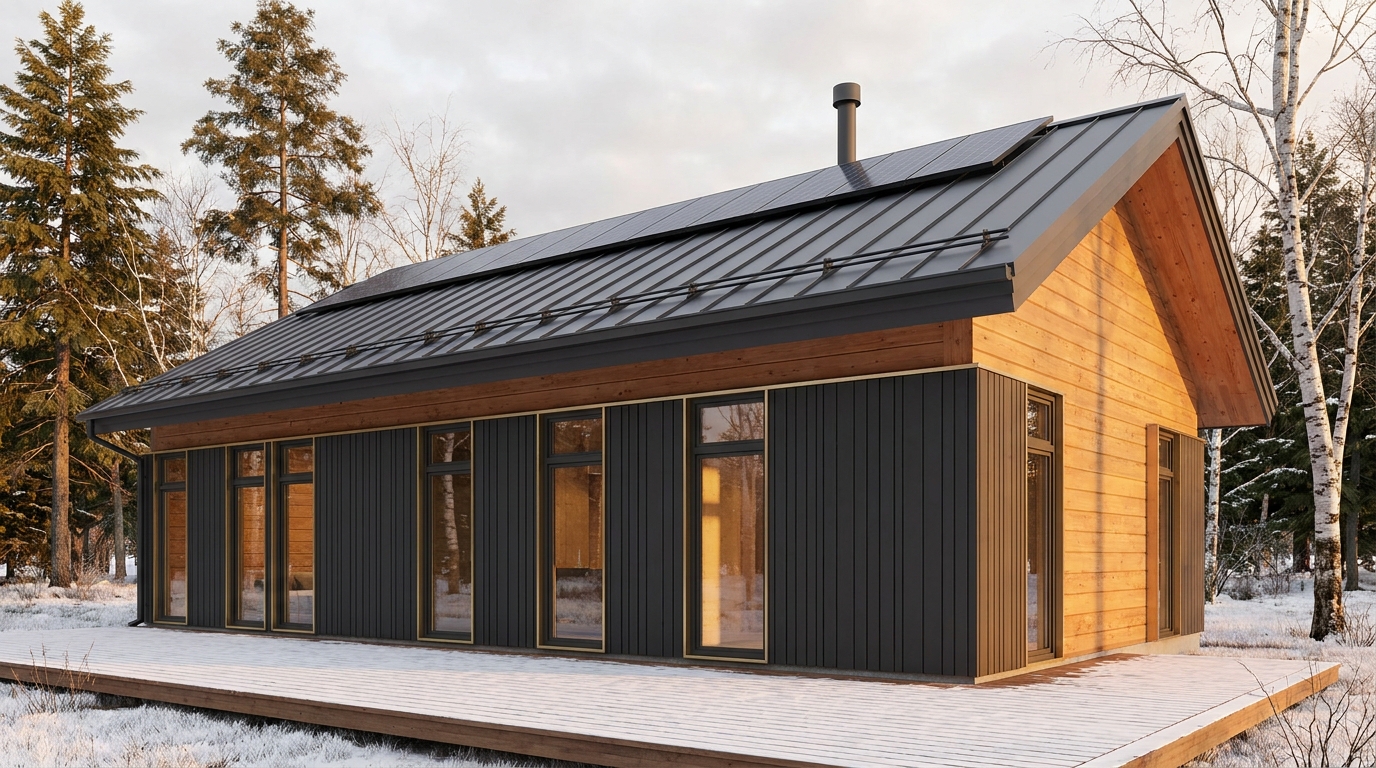 陽の小屋 外観 — AI render based on BIM specs