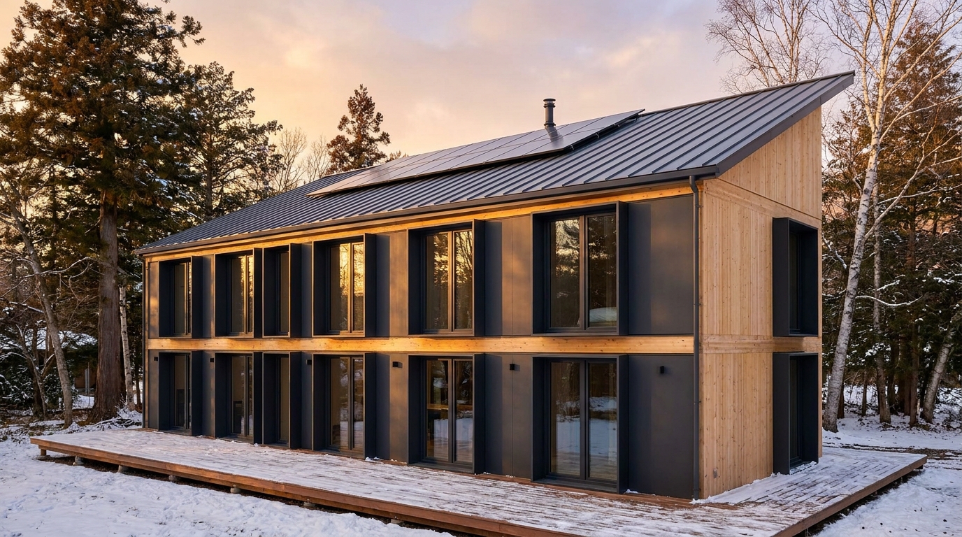 雪の小屋 外観 — AI render based on BIM specs