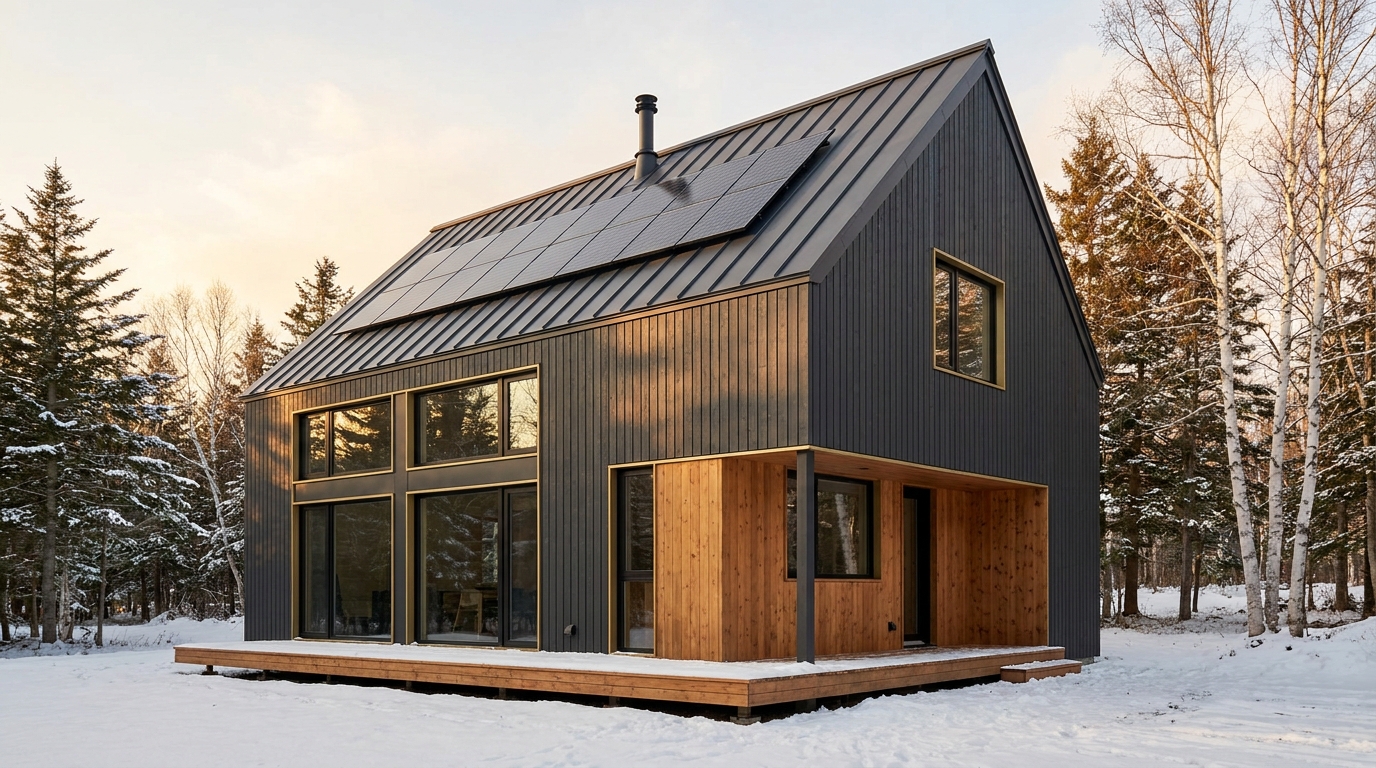 霧の小屋 外観 — AI render based on BIM specs