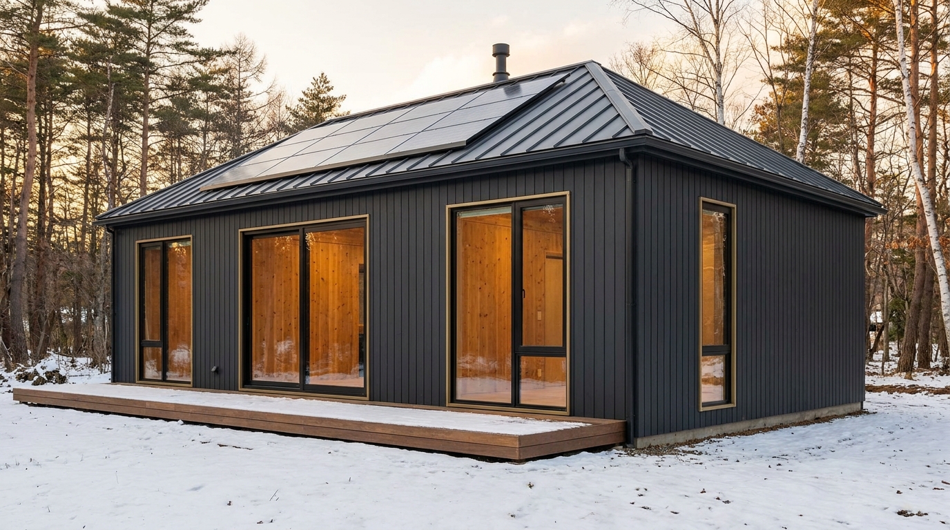 雪の庵 外観 — AI render based on BIM specs
