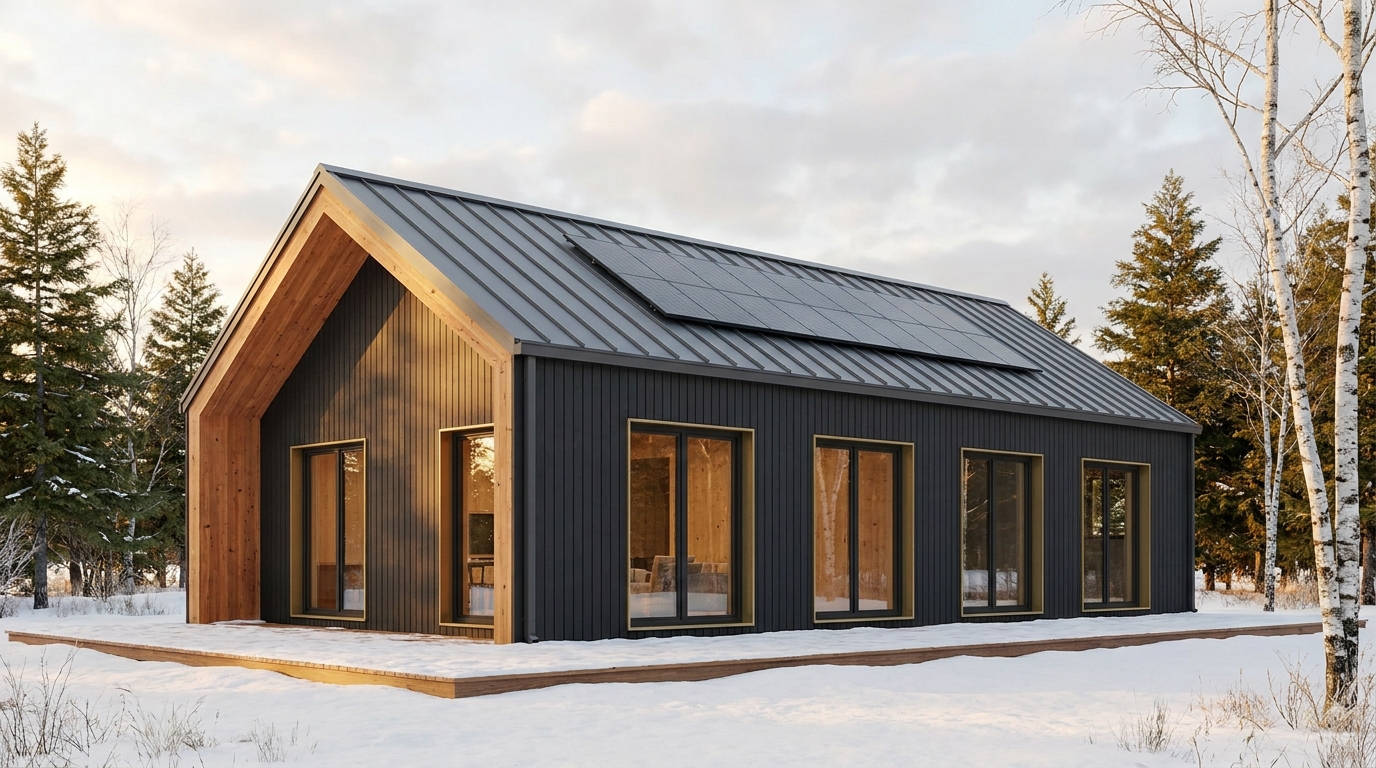 霜の小屋 外観 — AI render based on BIM specs