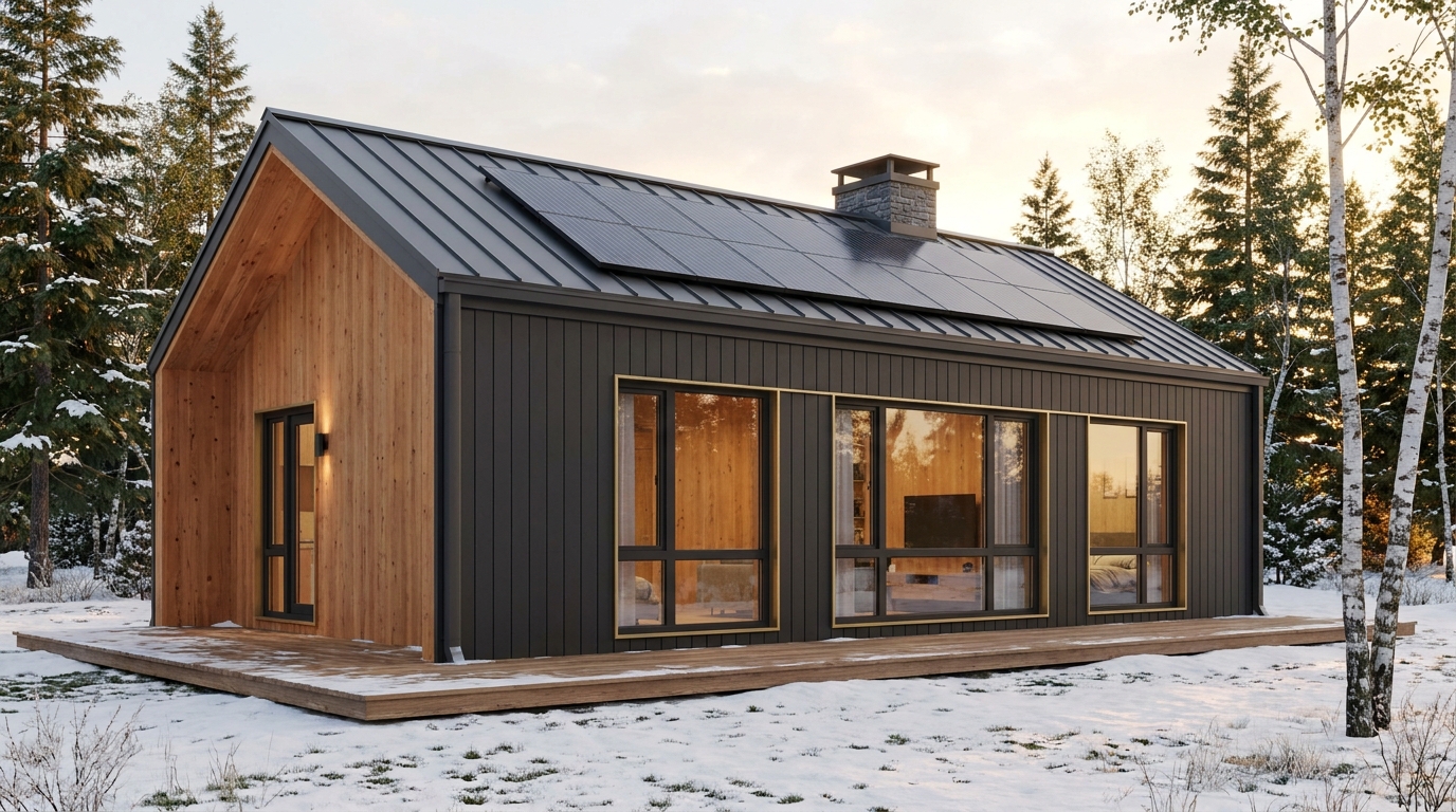 雨の小屋 外観 — AI render based on BIM specs