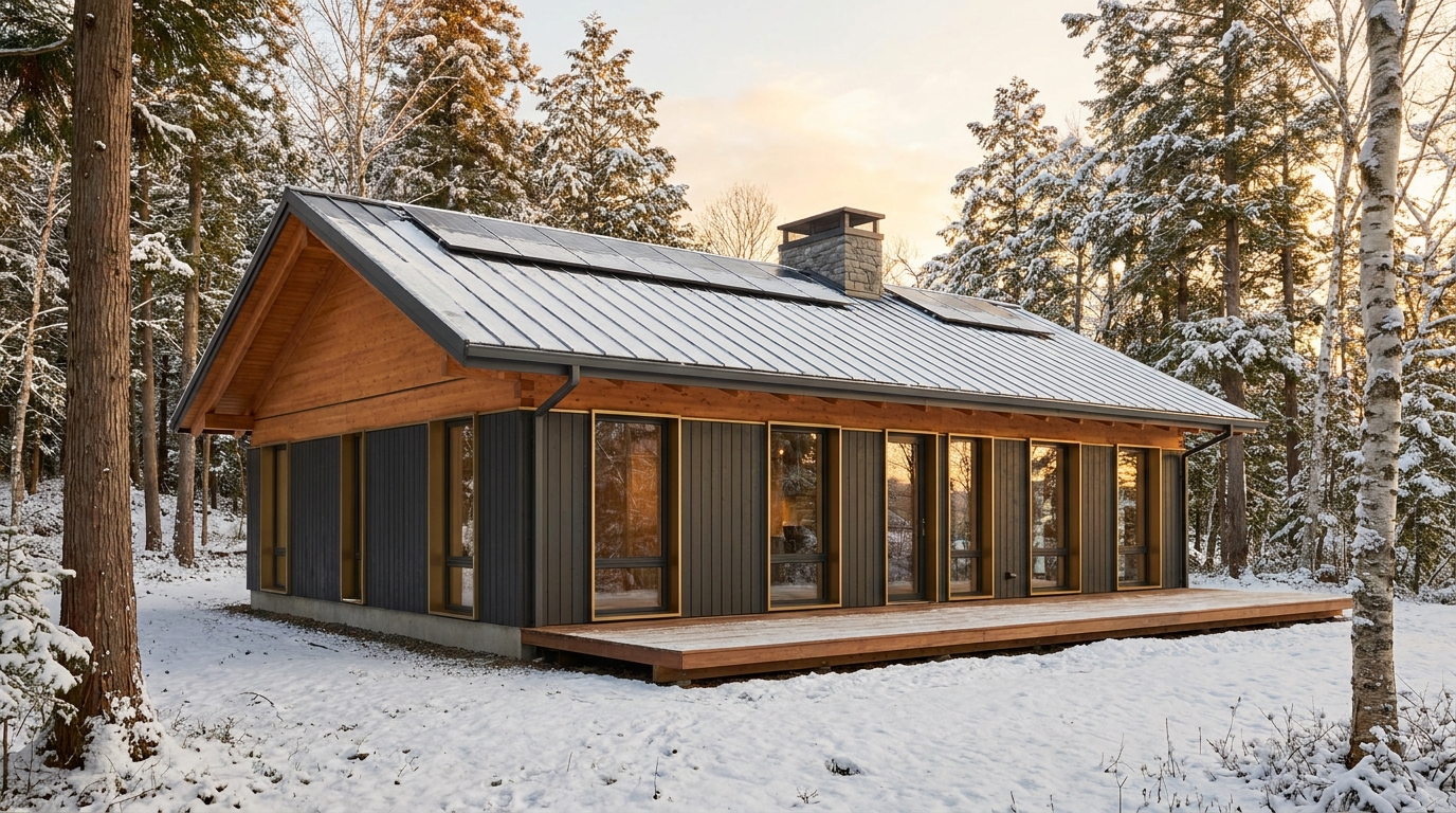 湖の小屋 外観 — AI render based on BIM specs