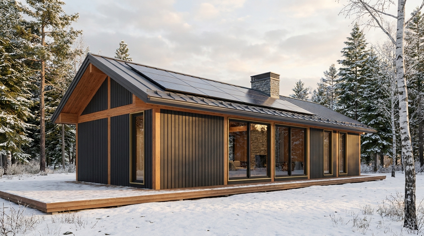 雪の小屋 外観 — AI render based on BIM specs