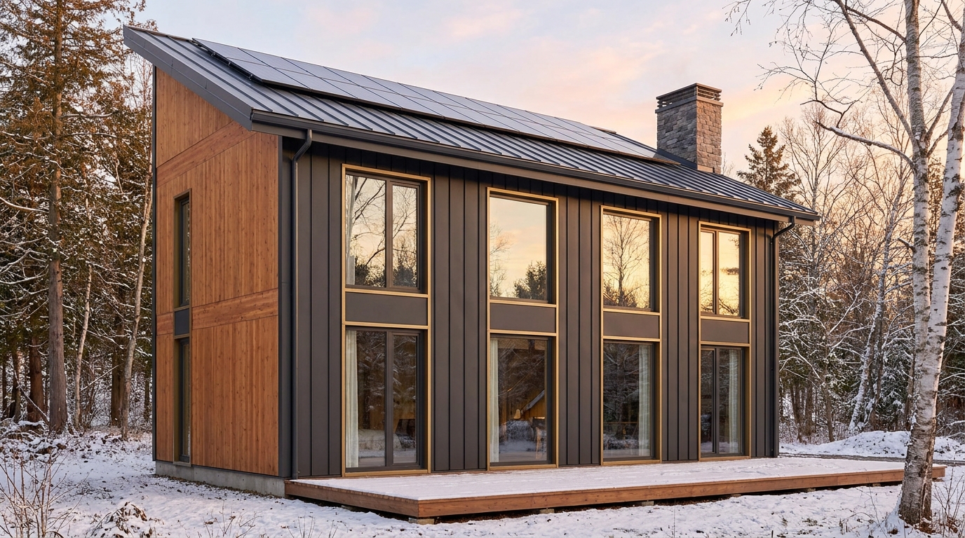 霧の小屋 外観 — AI render based on BIM specs