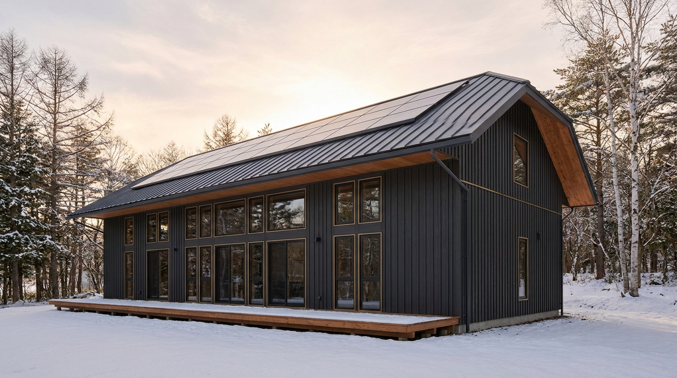 陽の小屋 外観 — AI render based on BIM specs