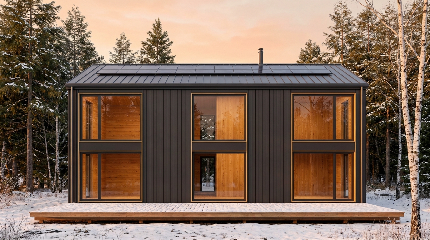 湖の小屋 外観 — AI render based on BIM specs