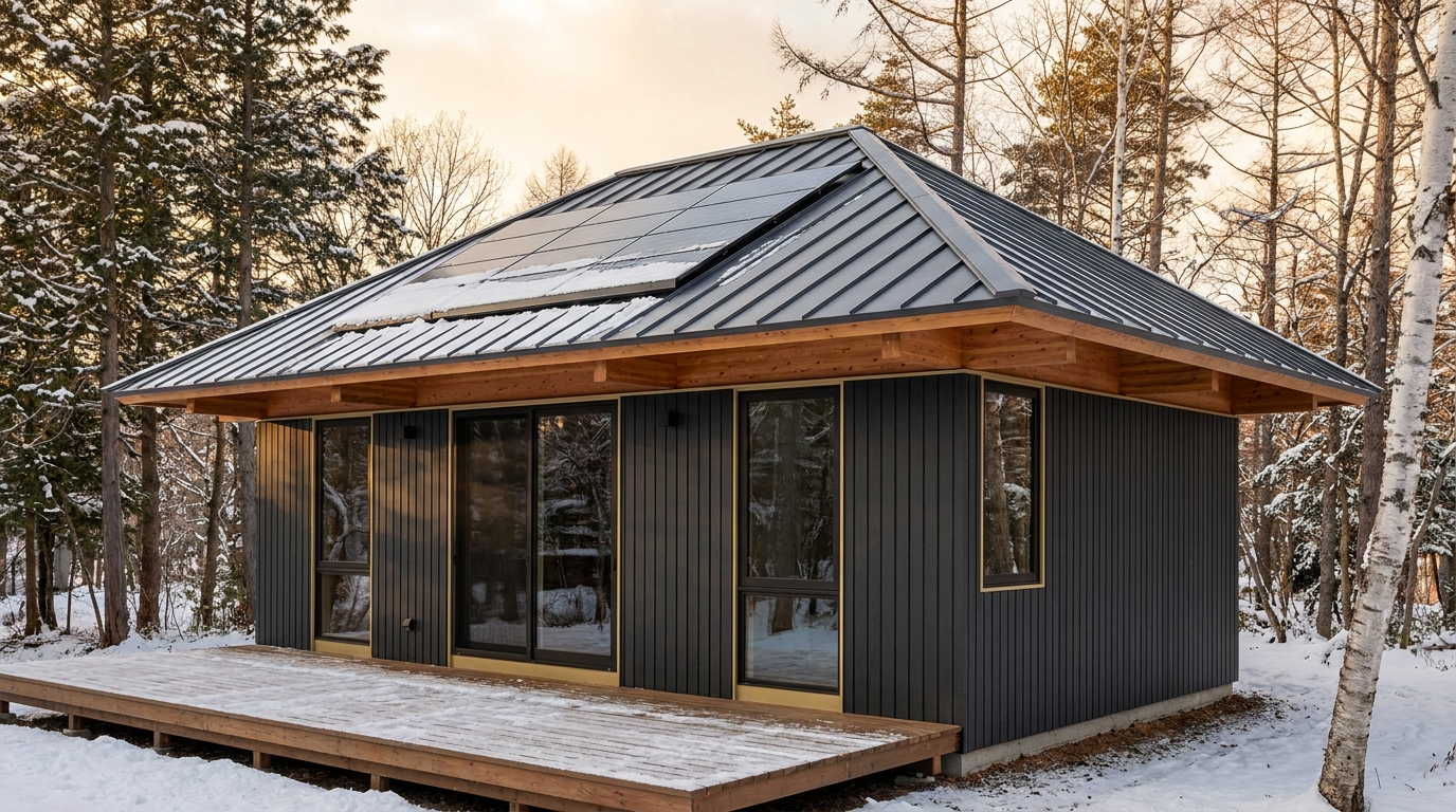 雪の庵 外観 — AI render based on BIM specs