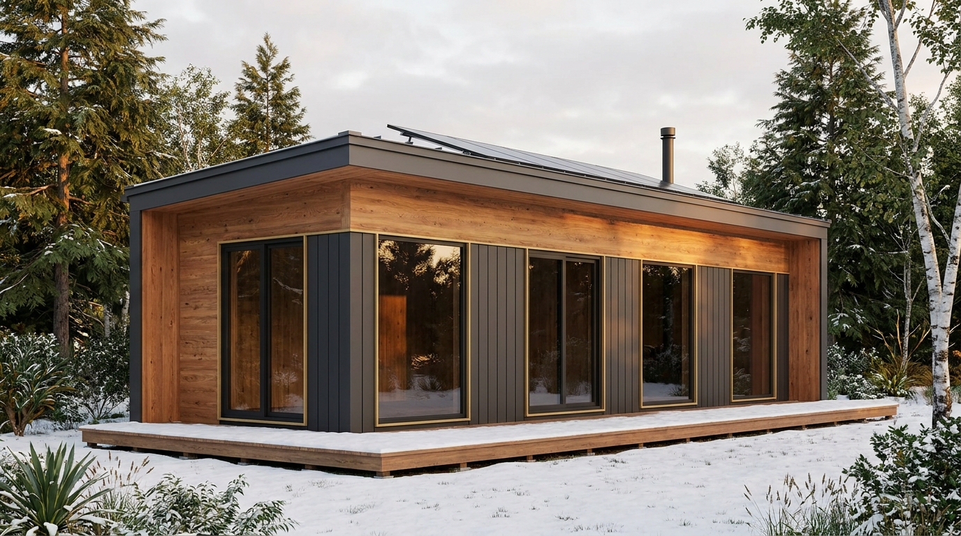 霜の小屋 外観 — AI render based on BIM specs