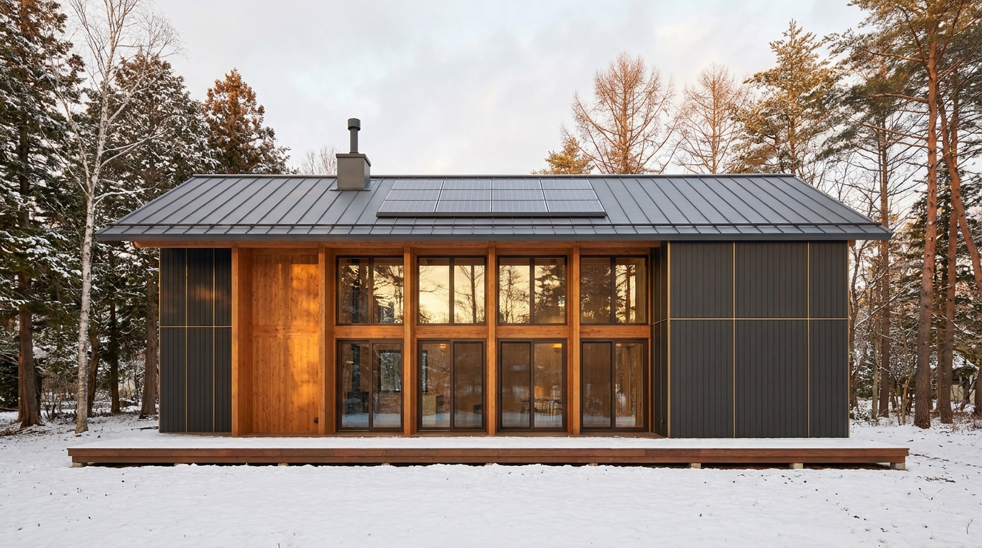 霧の小屋 外観 — AI render based on BIM specs
