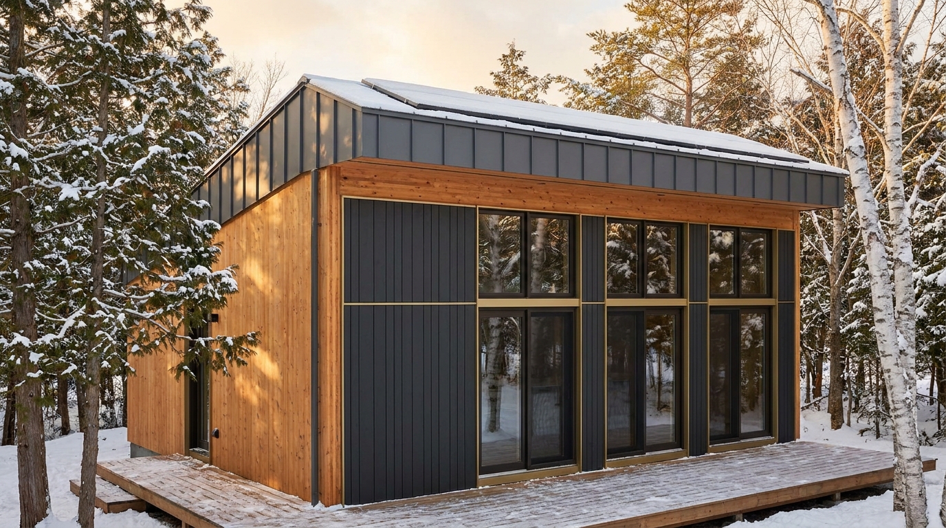 東の小屋 外観 — AI render based on BIM specs