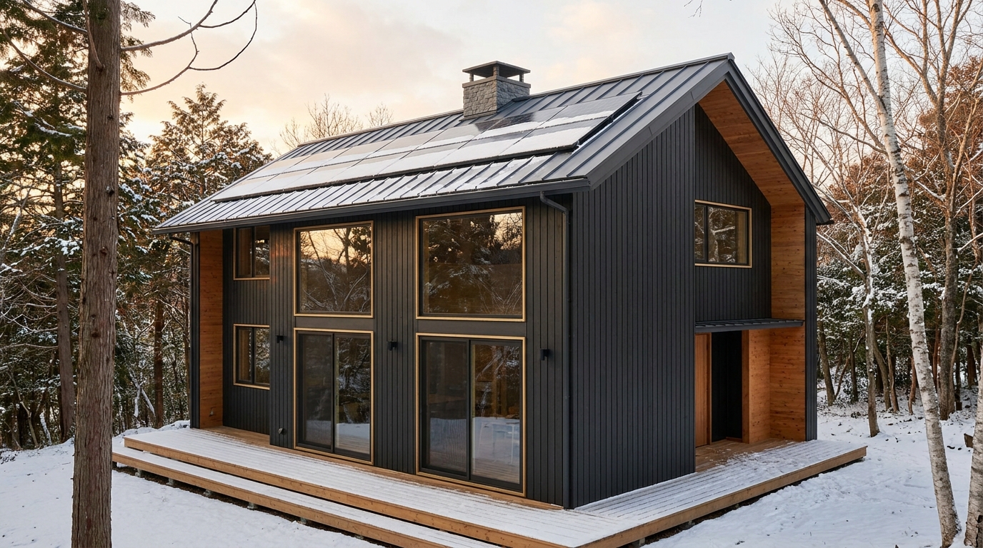 雨の小屋 外観 — AI render based on BIM specs