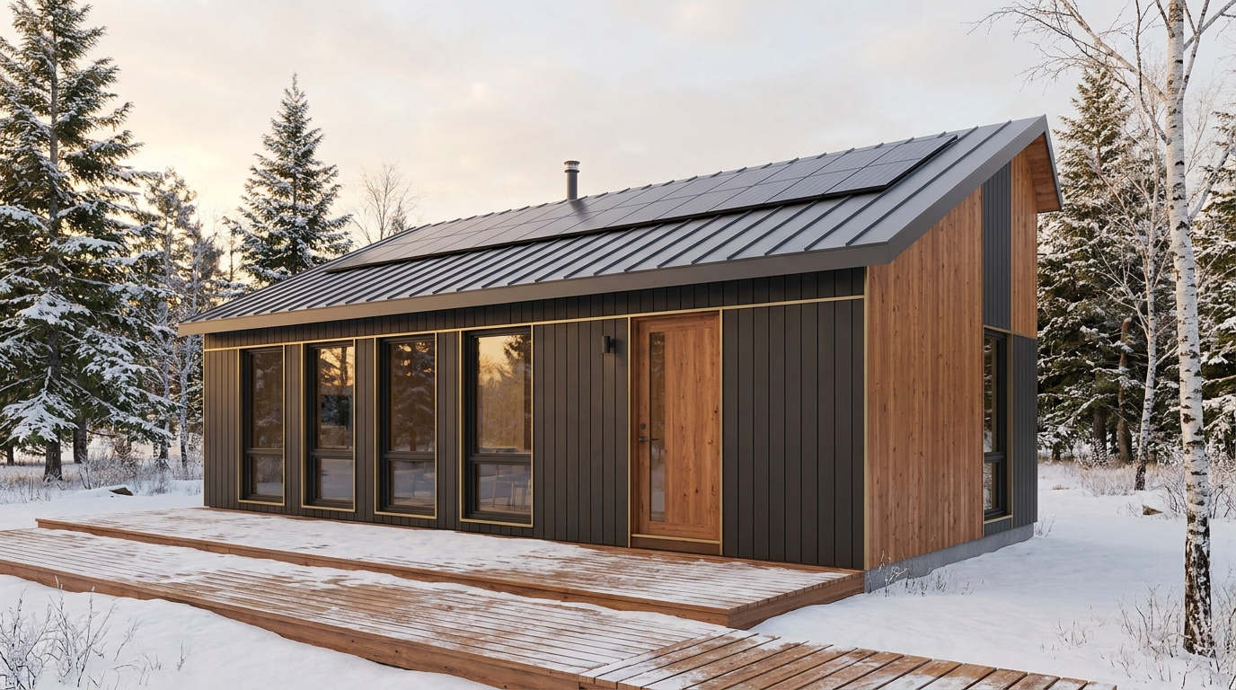 霜の小屋 外観 — AI render based on BIM specs