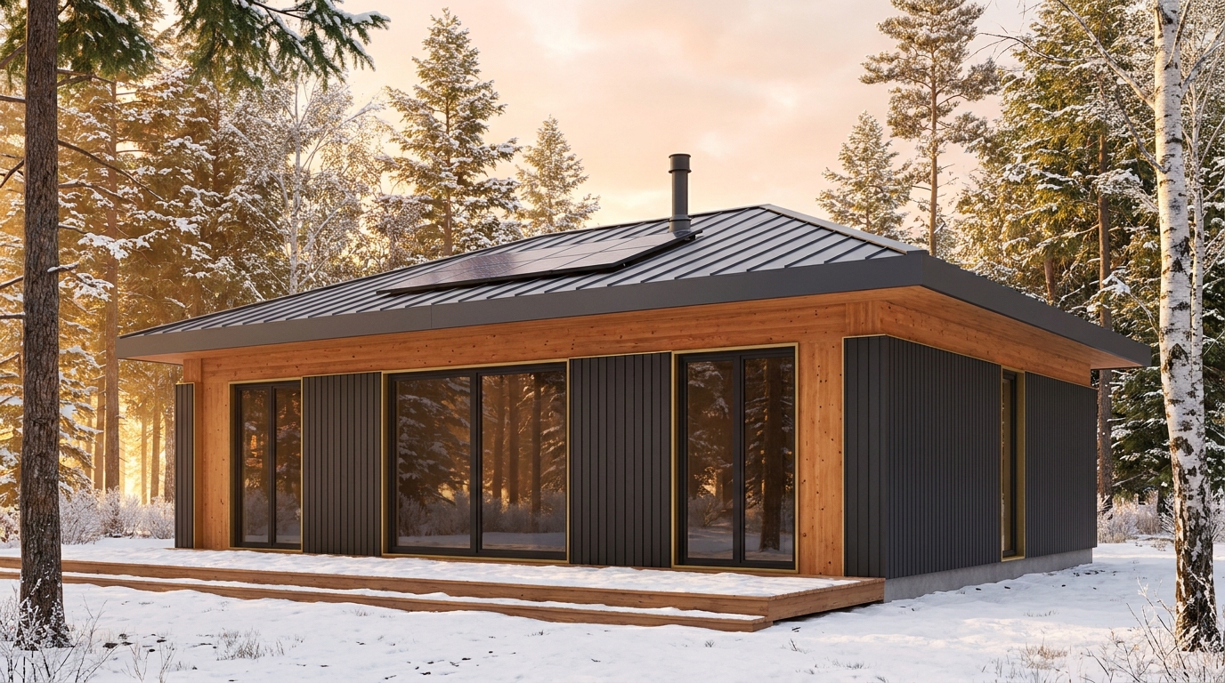 湖の小屋 外観 — AI render based on BIM specs