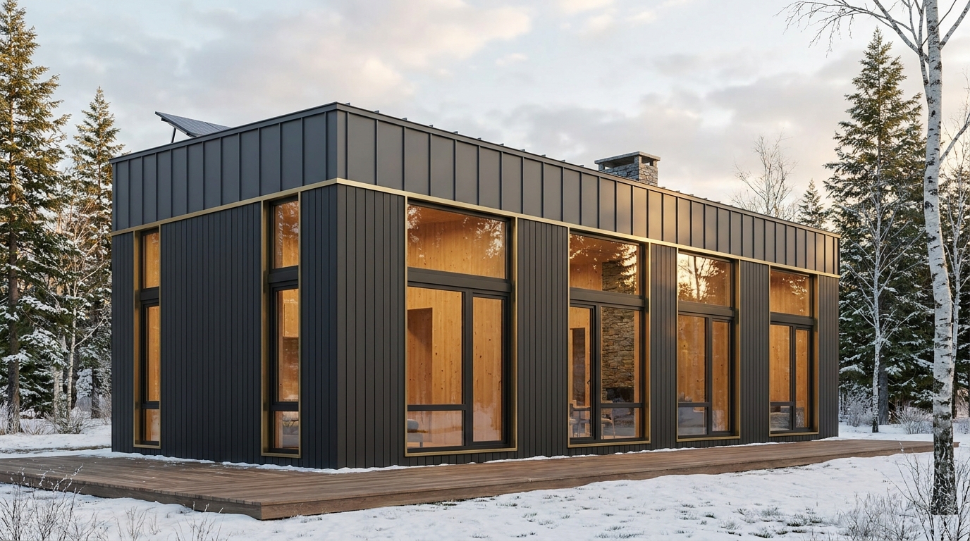 雪の小屋 外観 — AI render based on BIM specs