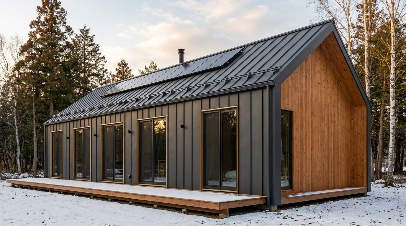 湖の小屋 外観 — AI render based on BIM specs