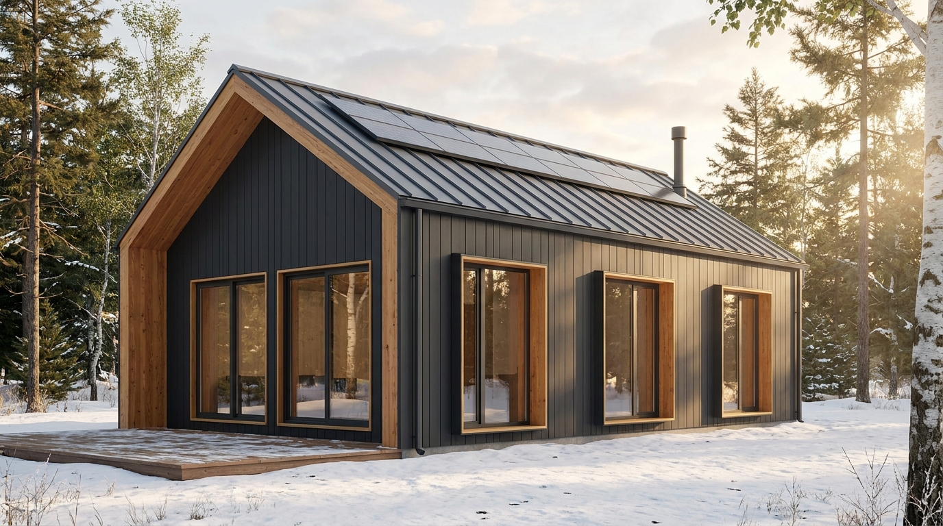 陽の小屋 外観 — AI render based on BIM specs