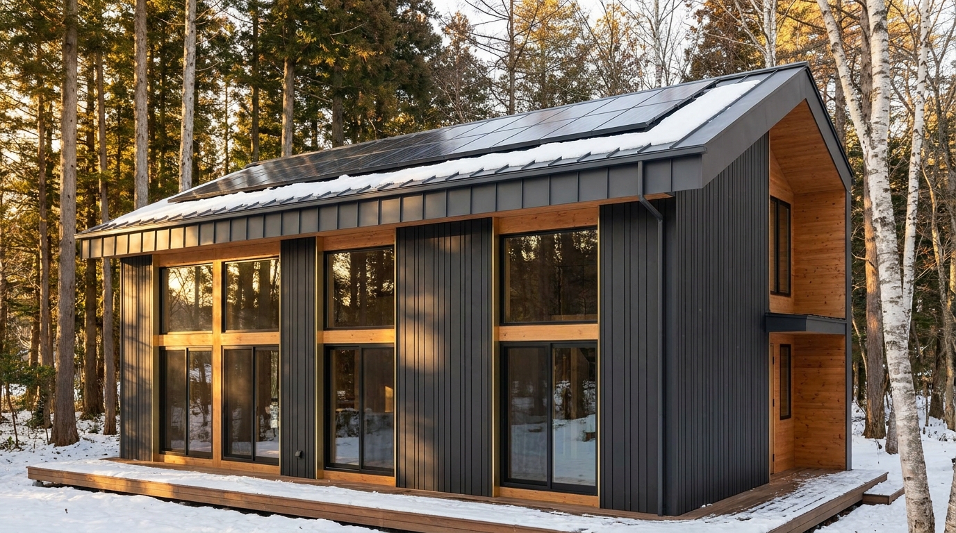 湖の小屋 外観 — AI render based on BIM specs