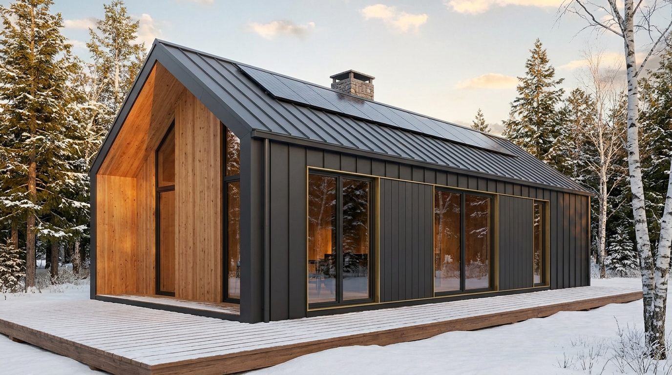 霧の小屋 外観 — AI render based on BIM specs