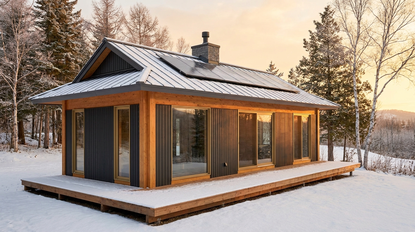 雪の小屋 外観 — AI render based on BIM specs