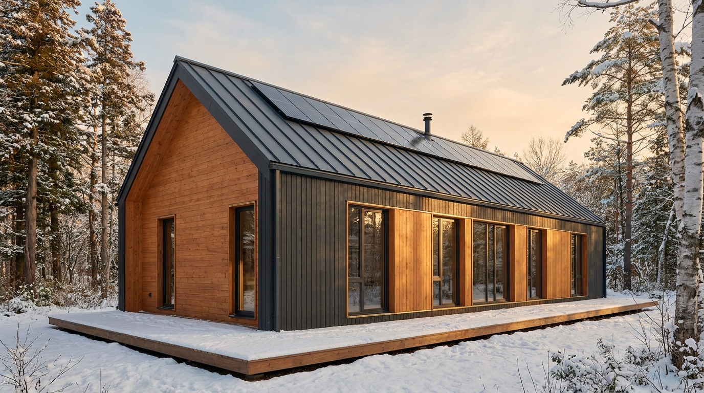 霧の小屋 外観 — AI render based on BIM specs