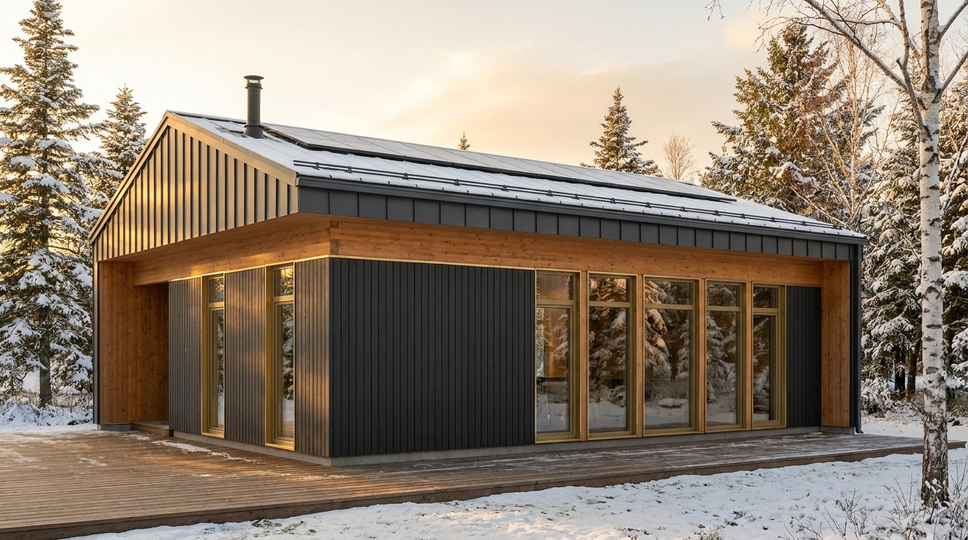 陽の小屋 外観 — AI render based on BIM specs