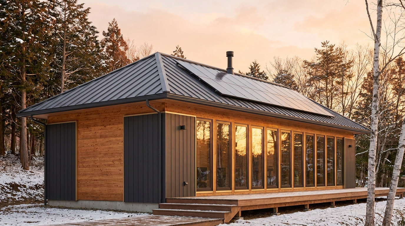 霜の小屋 外観 — AI render based on BIM specs