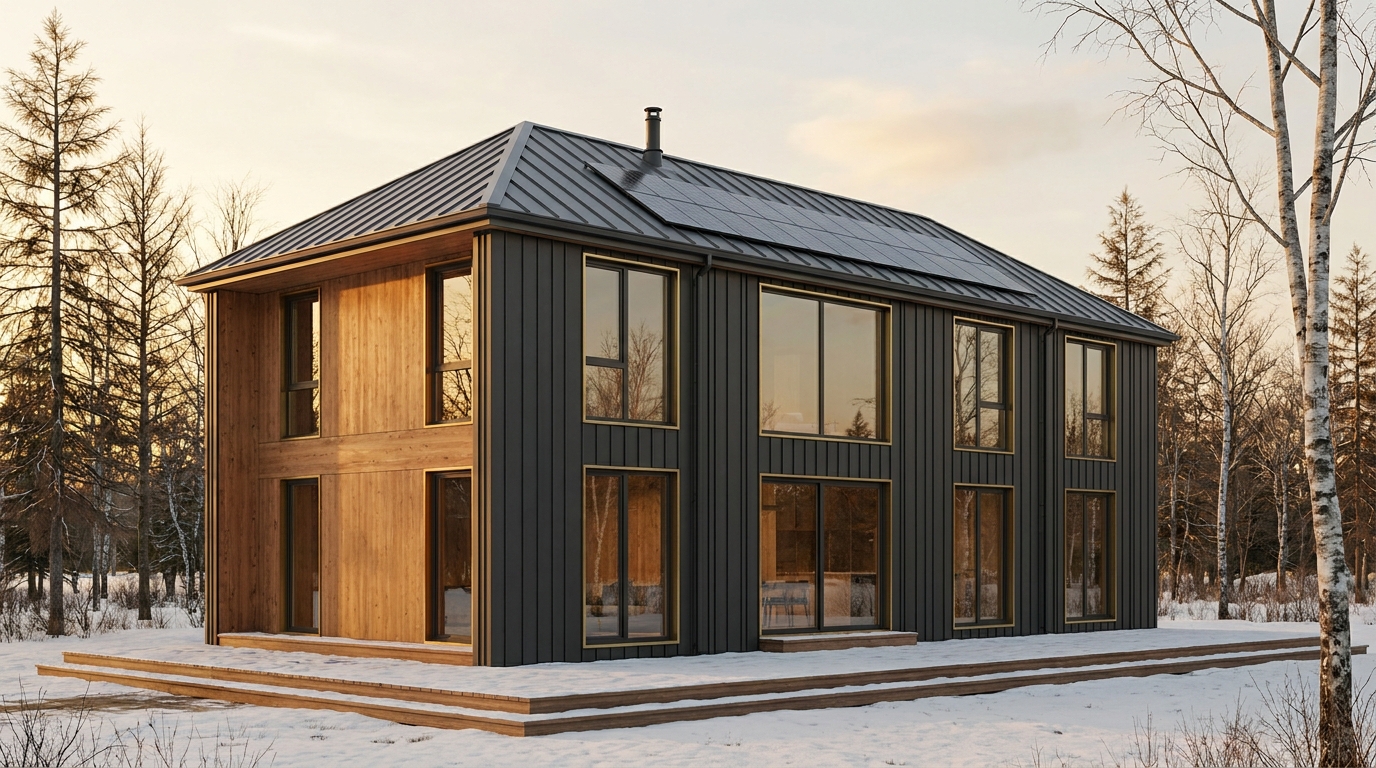 霜の砦 外観 — AI render based on BIM specs