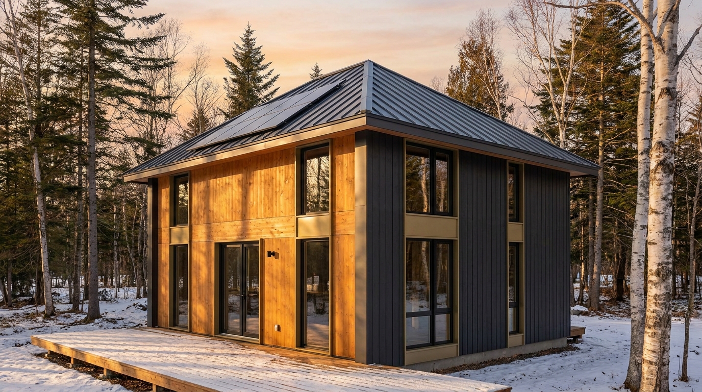 雪の小屋 外観 — AI render based on BIM specs