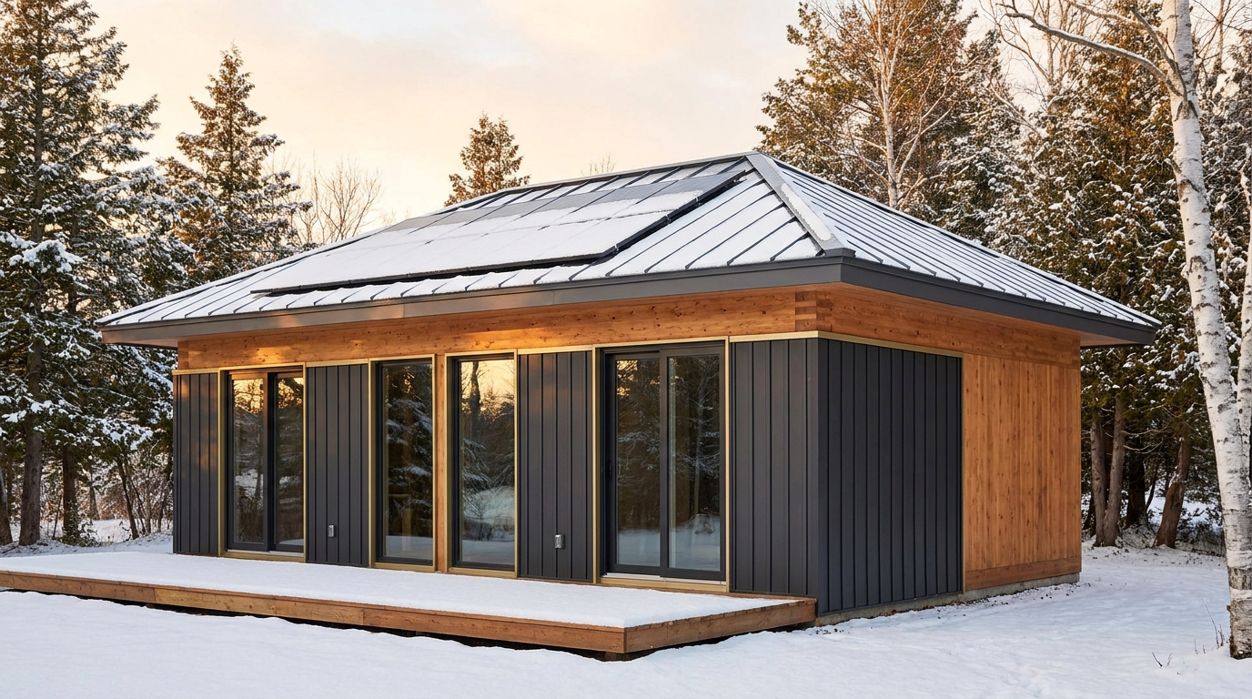 霜の小屋 外観 — AI render based on BIM specs