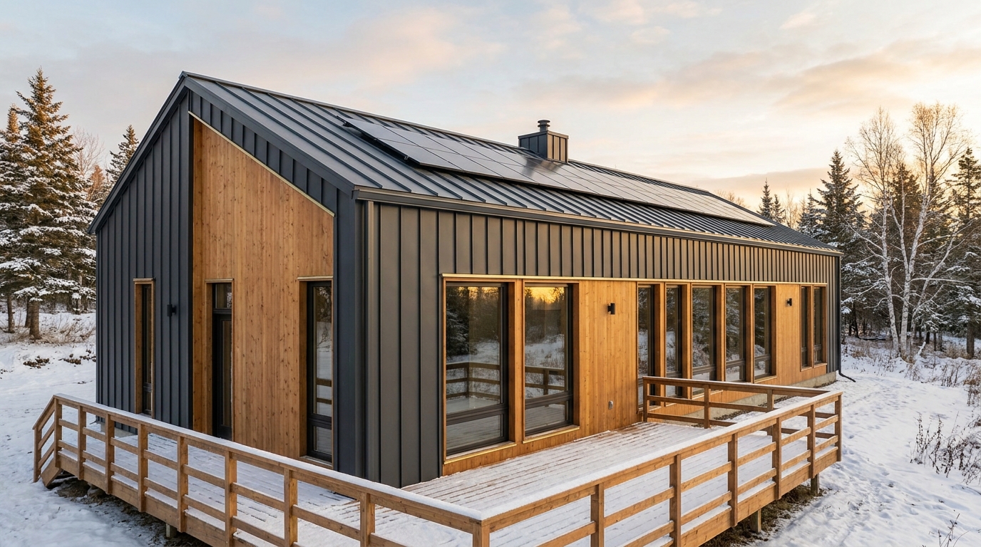 雪の小屋 外観 — AI render based on BIM specs