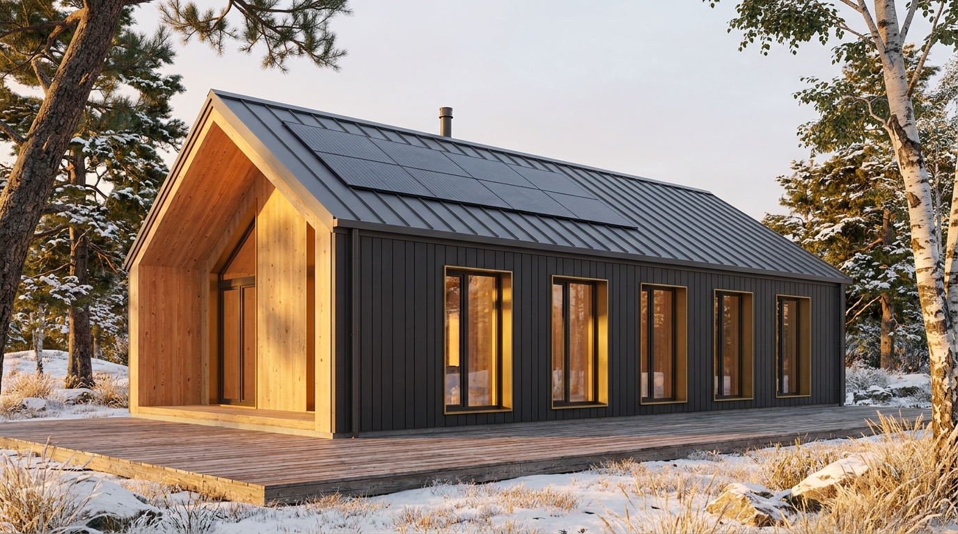 霧の小屋 外観 — AI render based on BIM specs