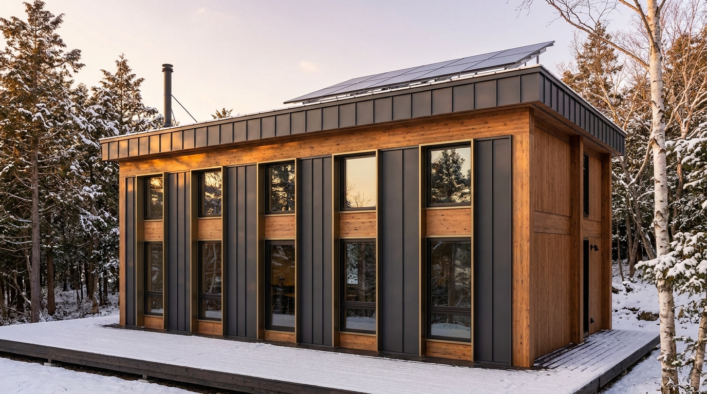 雪の小屋 外観 — AI render based on BIM specs