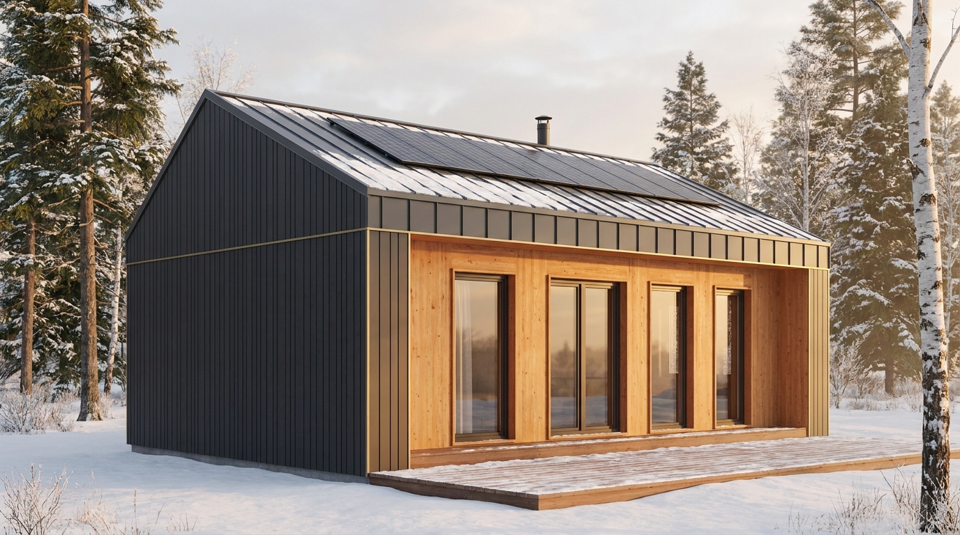 雪の小屋 外観 — AI render based on BIM specs