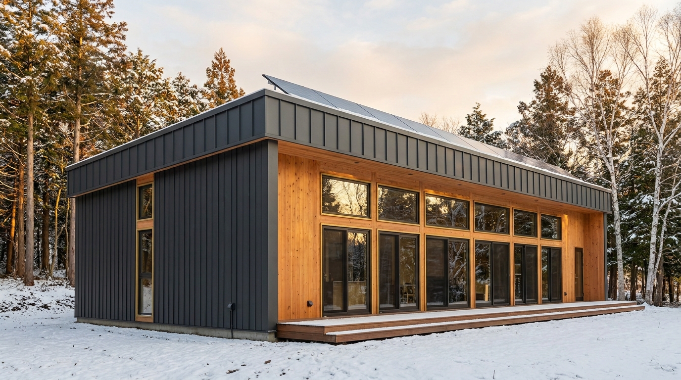 湖の小屋 外観 — AI render based on BIM specs