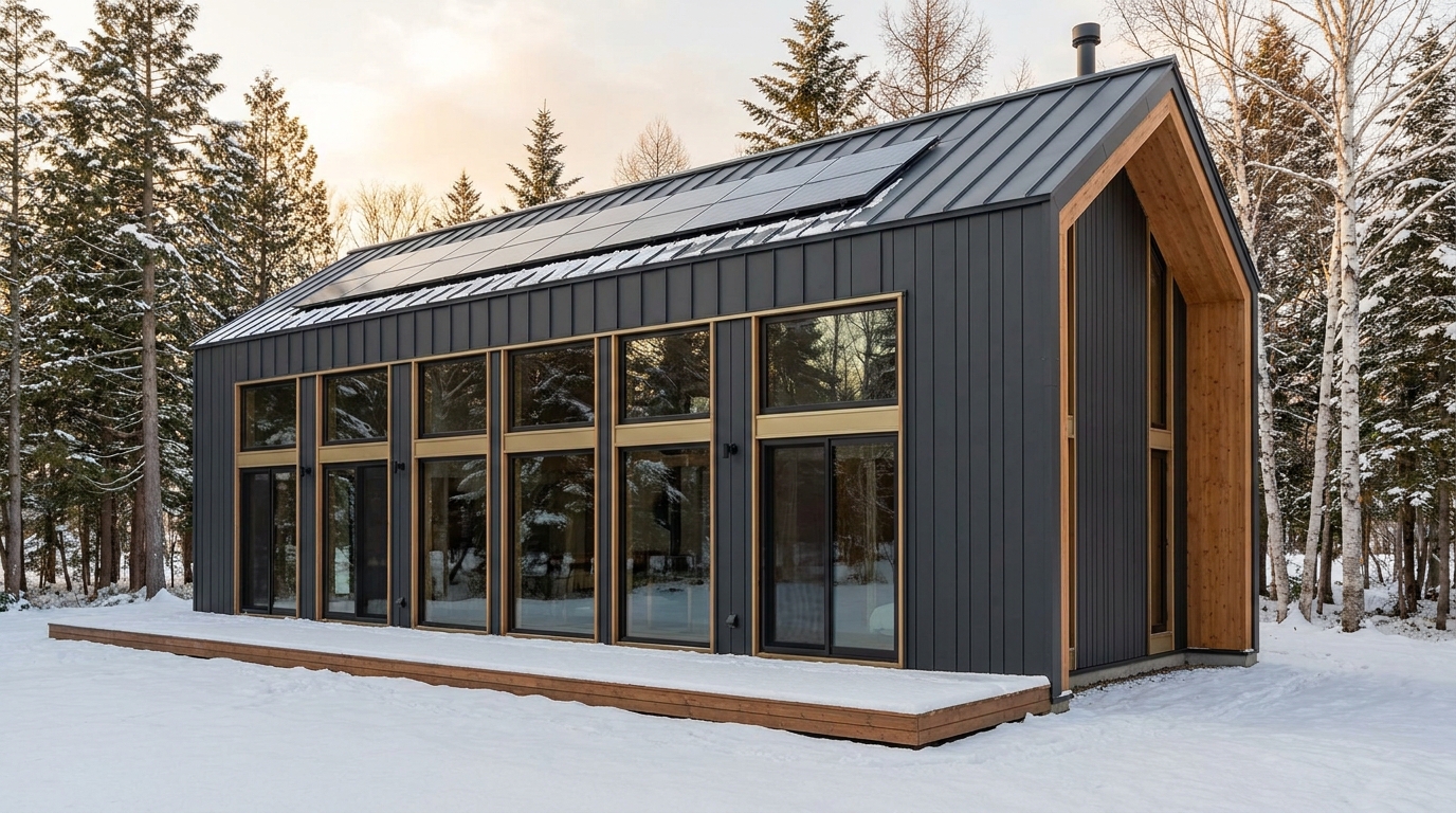 雪の小屋 外観 — AI render based on BIM specs