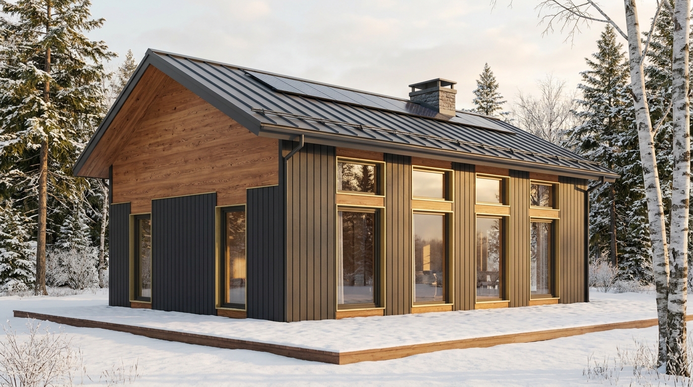 雨の小屋 外観 — AI render based on BIM specs