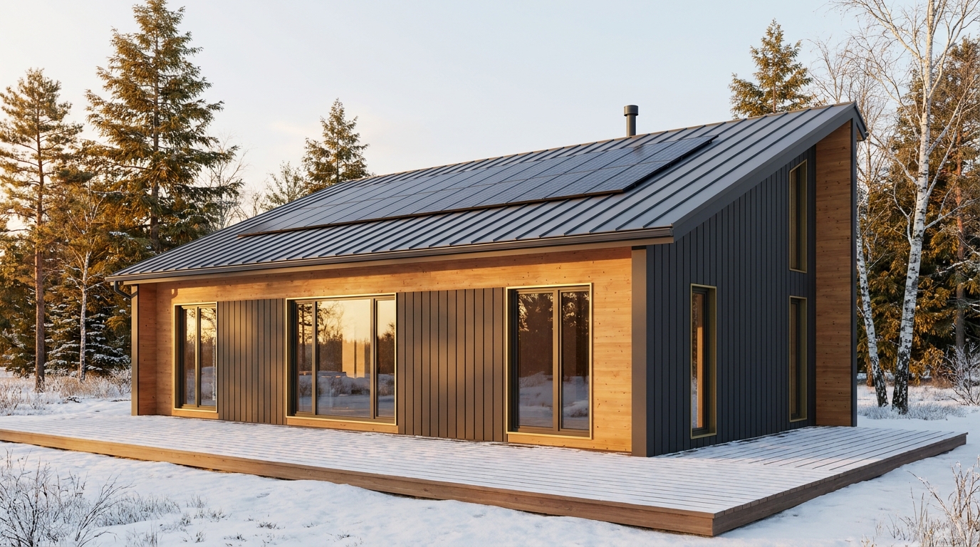 雪の小屋 外観 — AI render based on BIM specs