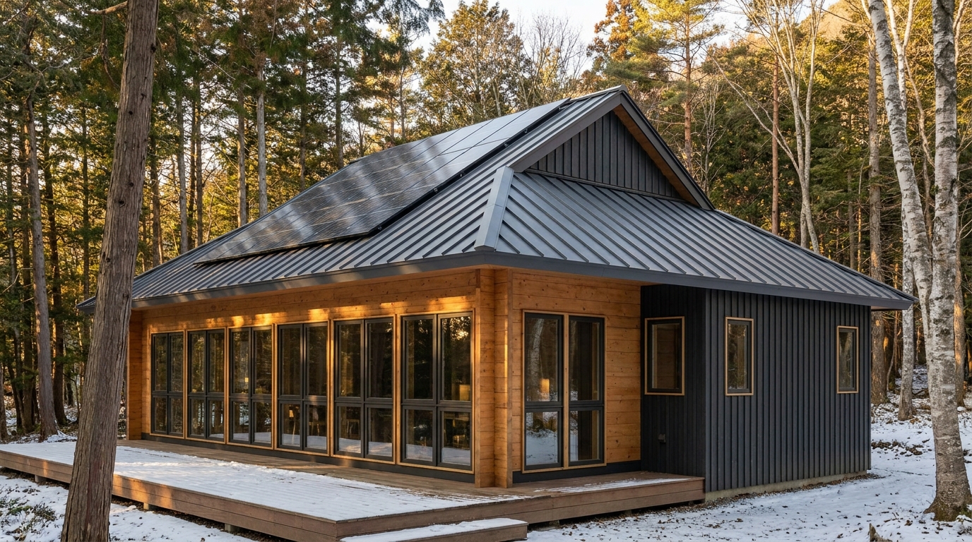 湖の小屋 外観 — AI render based on BIM specs
