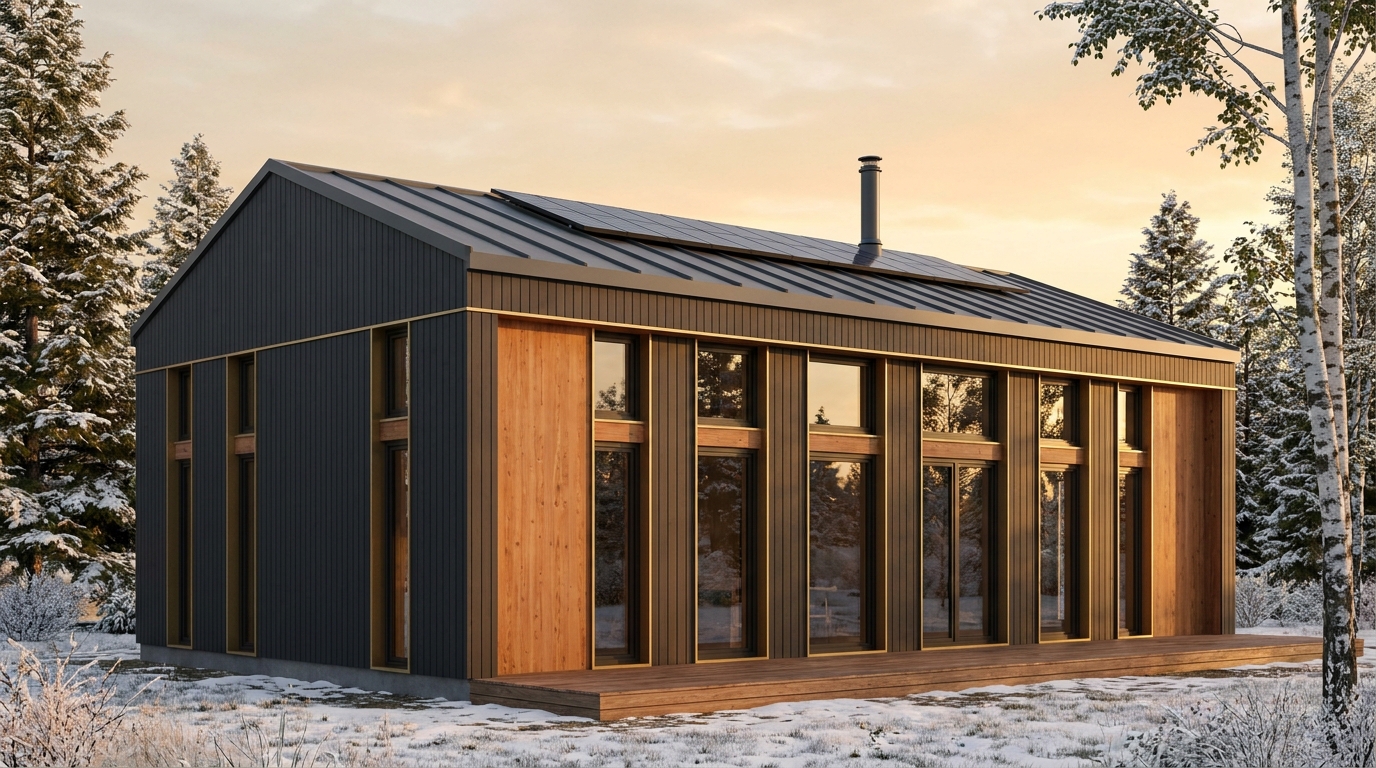 湖の小屋 外観 — AI render based on BIM specs