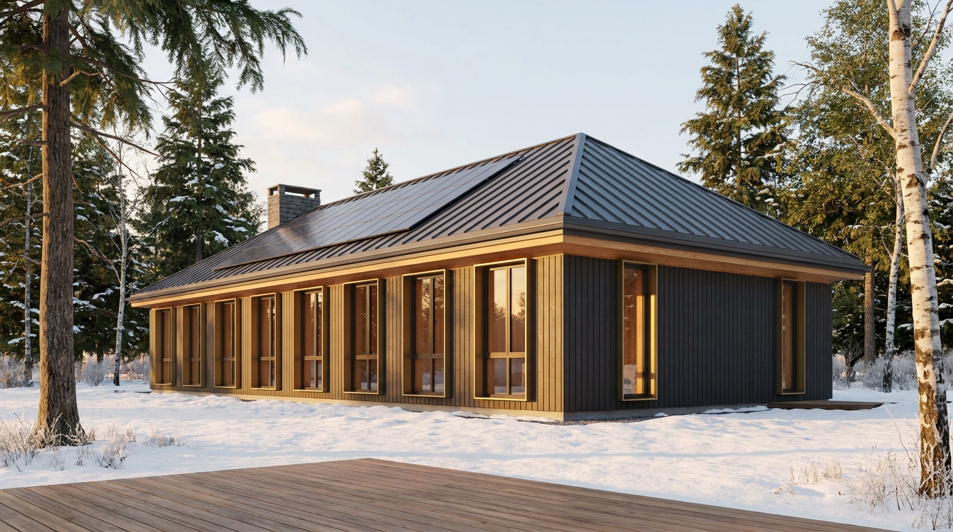 雪の小屋 外観 — AI render based on BIM specs